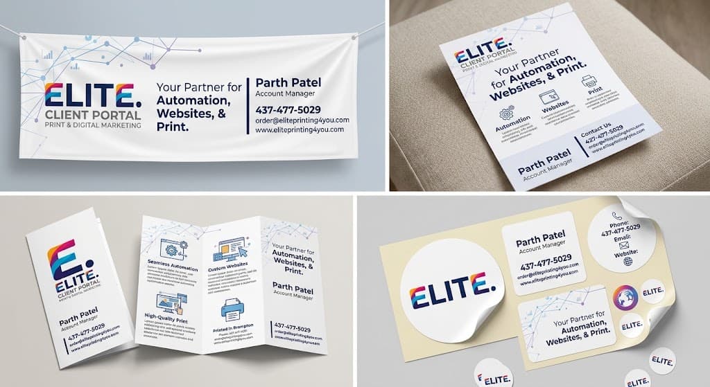 Elite Print and Digital collateral: a vinyl banner, a flyer, a tri-fold brochure and a sticker sheet